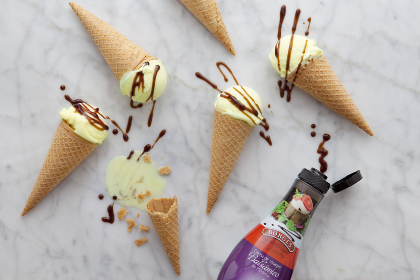 Extra-virgin olive oil ice cream with Borges Modena balsamic glaze