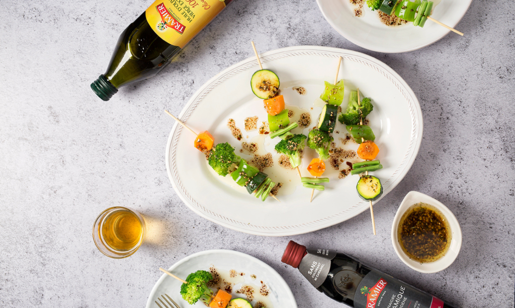 Vegan vegetable brochettes served in a dish