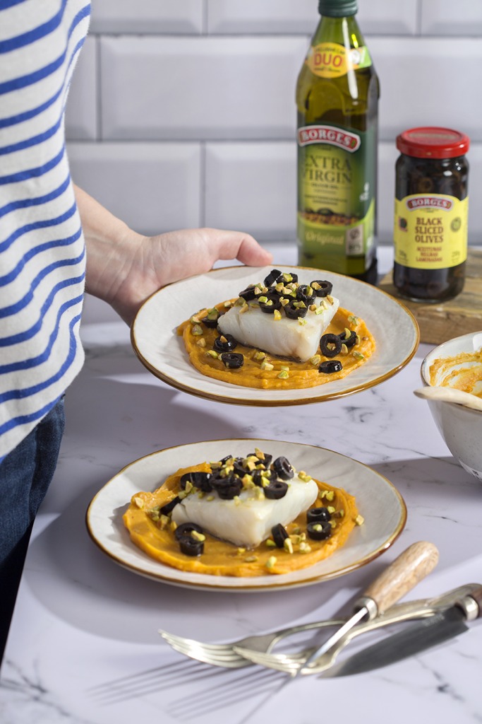 Cod with sweet potato and olives