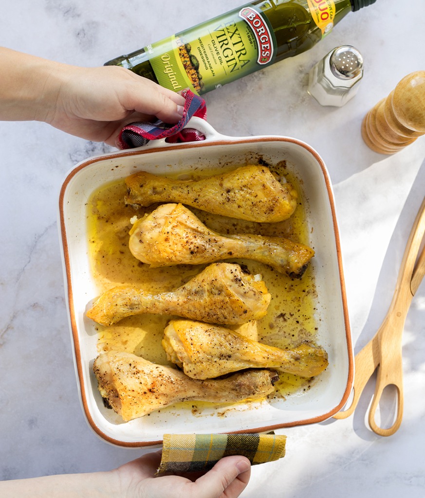 5 baked chicken thighs cooked with Borges olive oil
