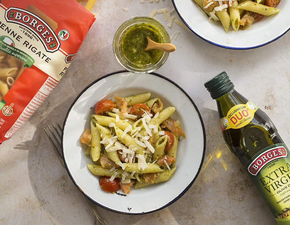 Penne with smoked salmon and pesto alla Genovese recipe