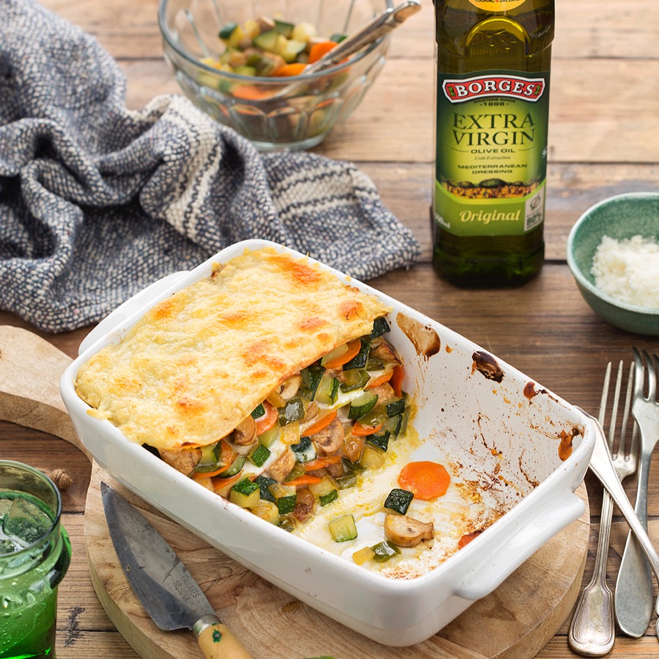 A delicious vegetable lasagna recipe served in an oven tray