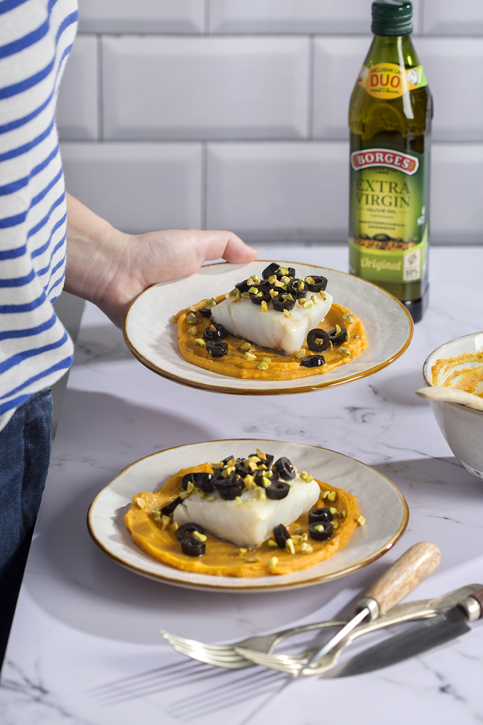 Cod with sweet potato and olives
